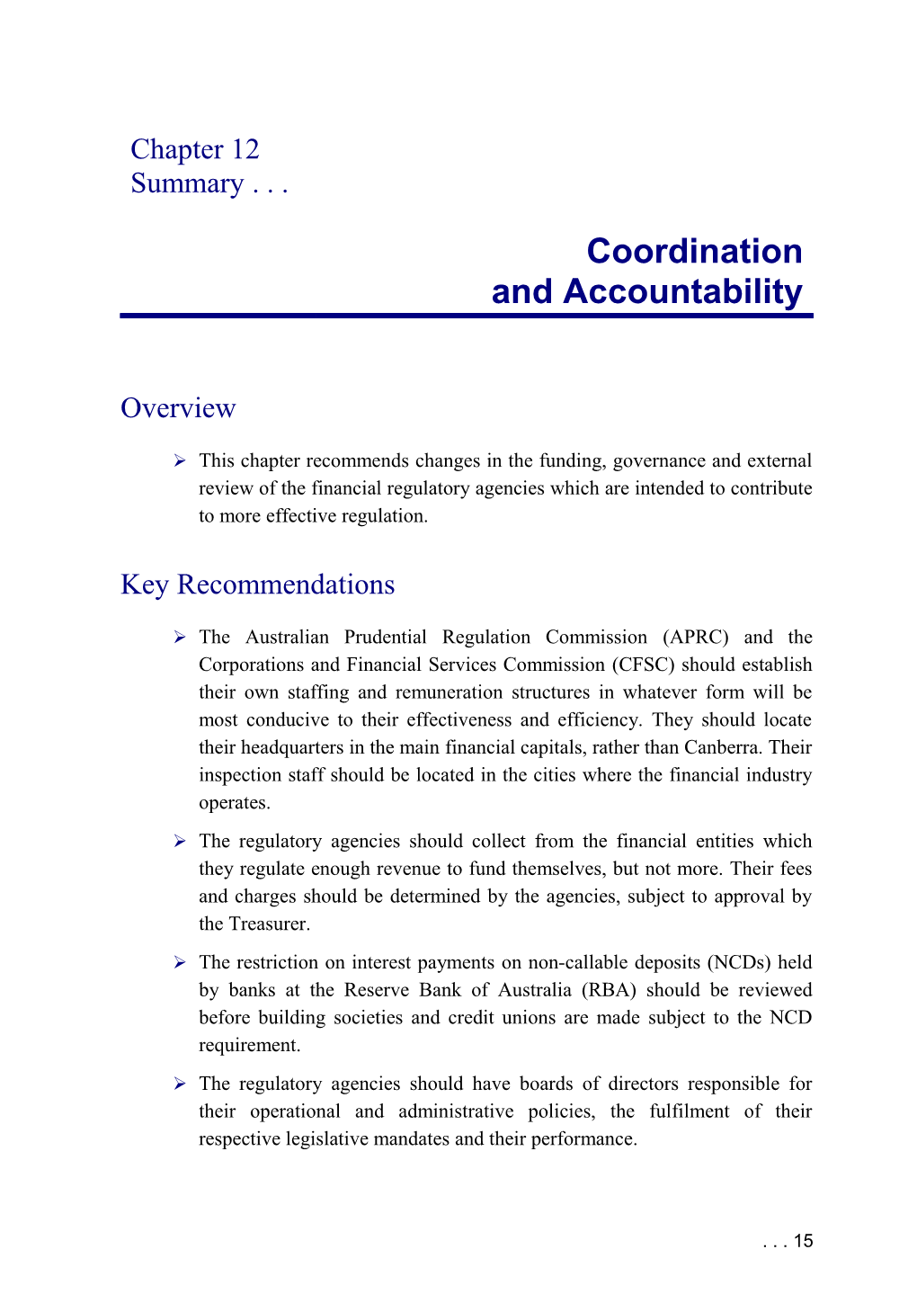 Financial System Inquiry (Wallis Report) - Coordination and Accountability