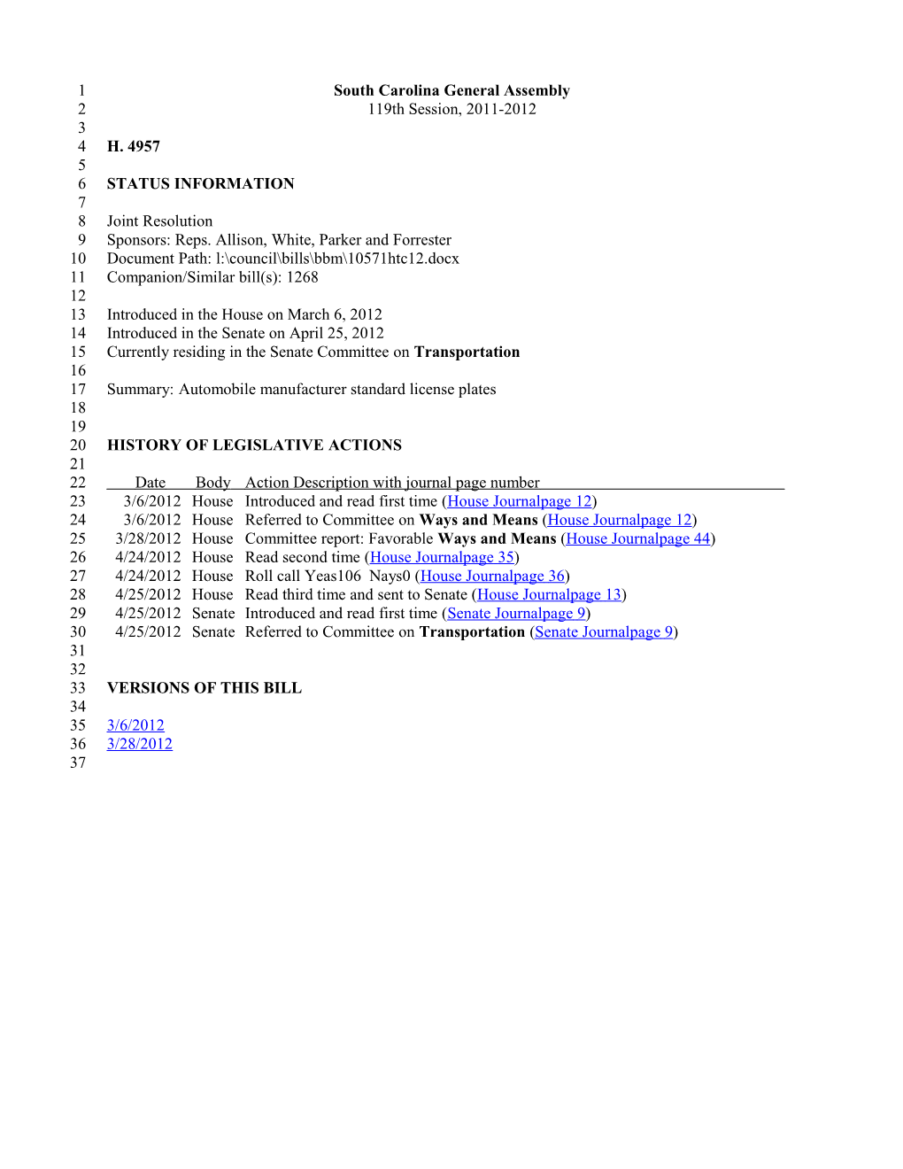 2011-2012 Bill 4957: Automobile Manufacturer Standard License Plates - South Carolina