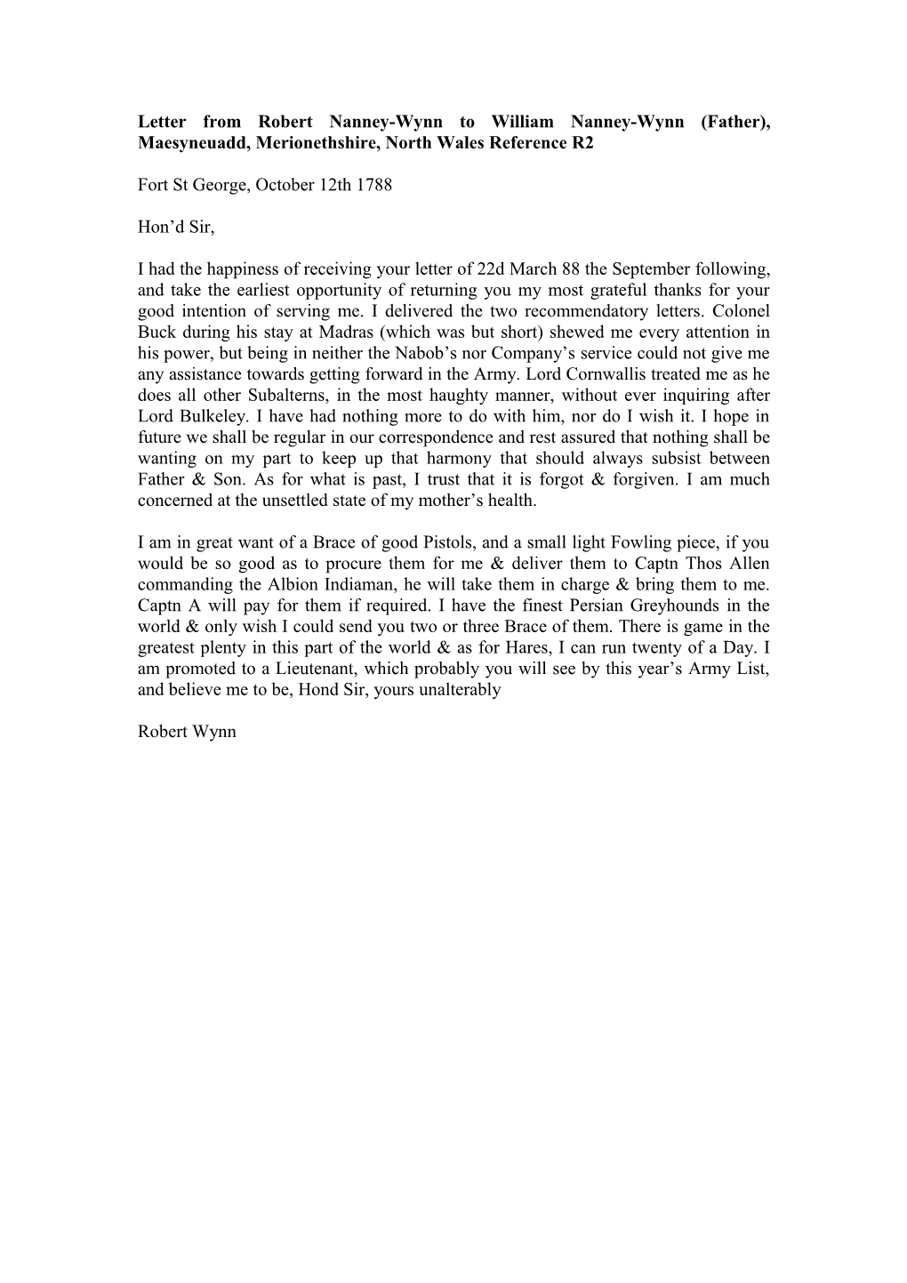 Letter from Robert Nanney-Wynn to William Nanney-Wynn (Father), Maesyneuadd, Merionethshire