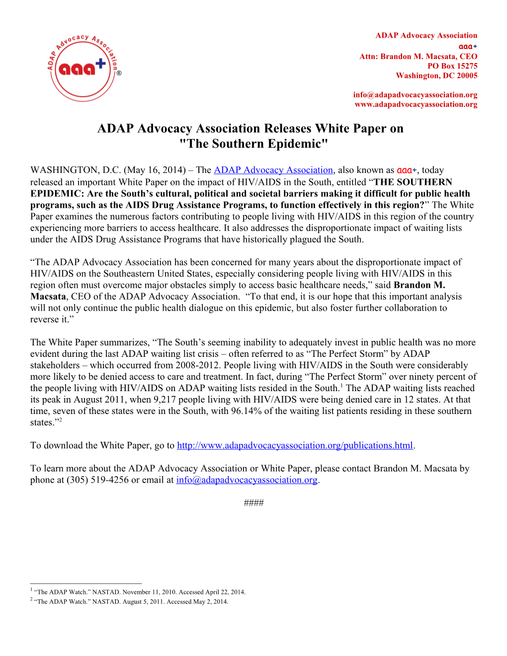ADAP Advocacy Association February 7, 200 Page 2 of 2 ADAP ADVOCACY ASSOCIATION RECOGNIZES