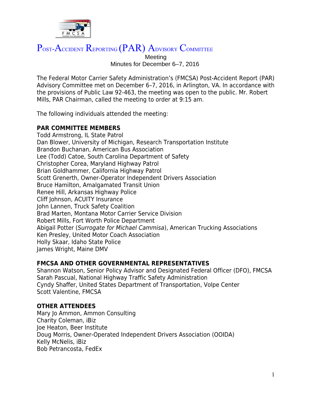 Post-Accident Reporting (Par) Advisory Committee