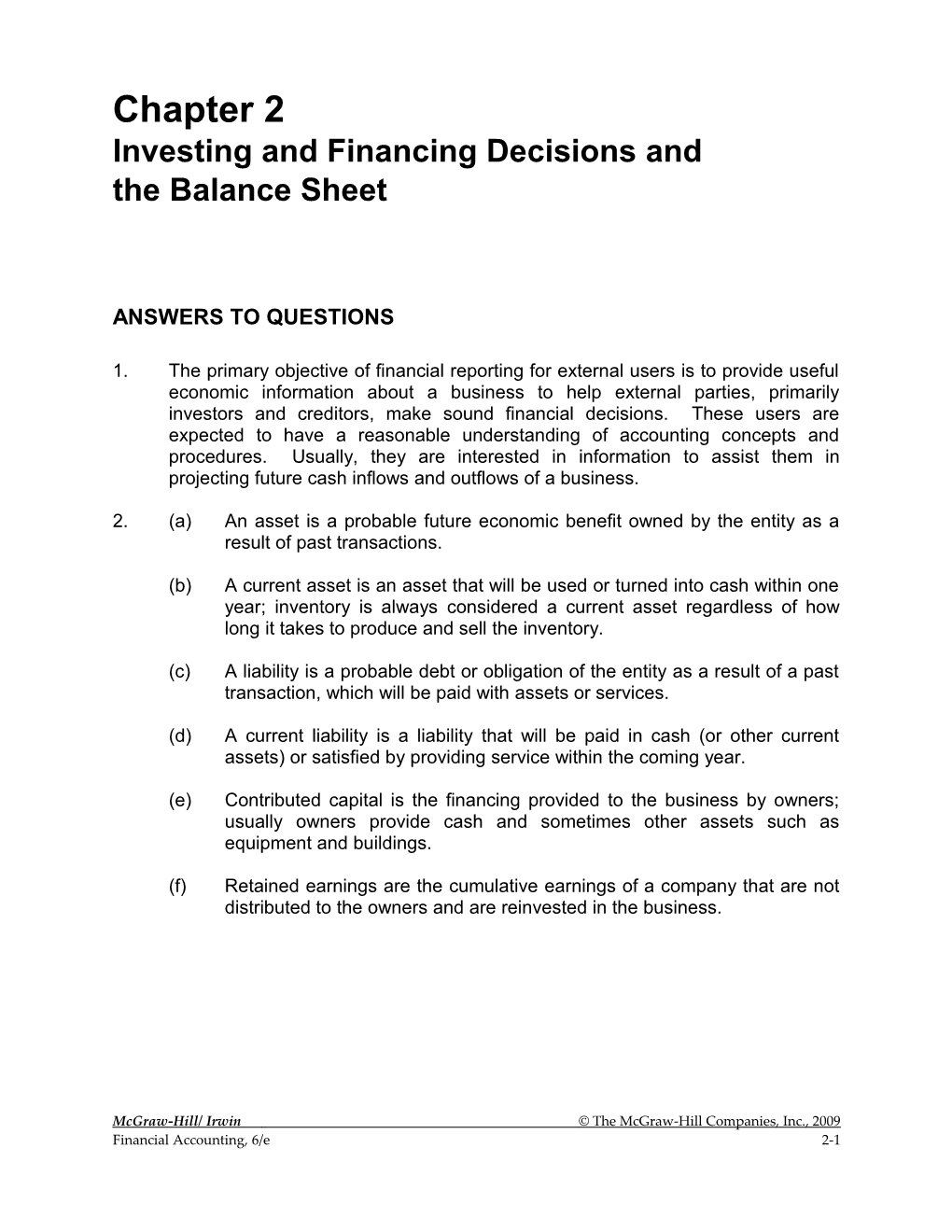 Investing and Financing Decisions and the Balance Sheet