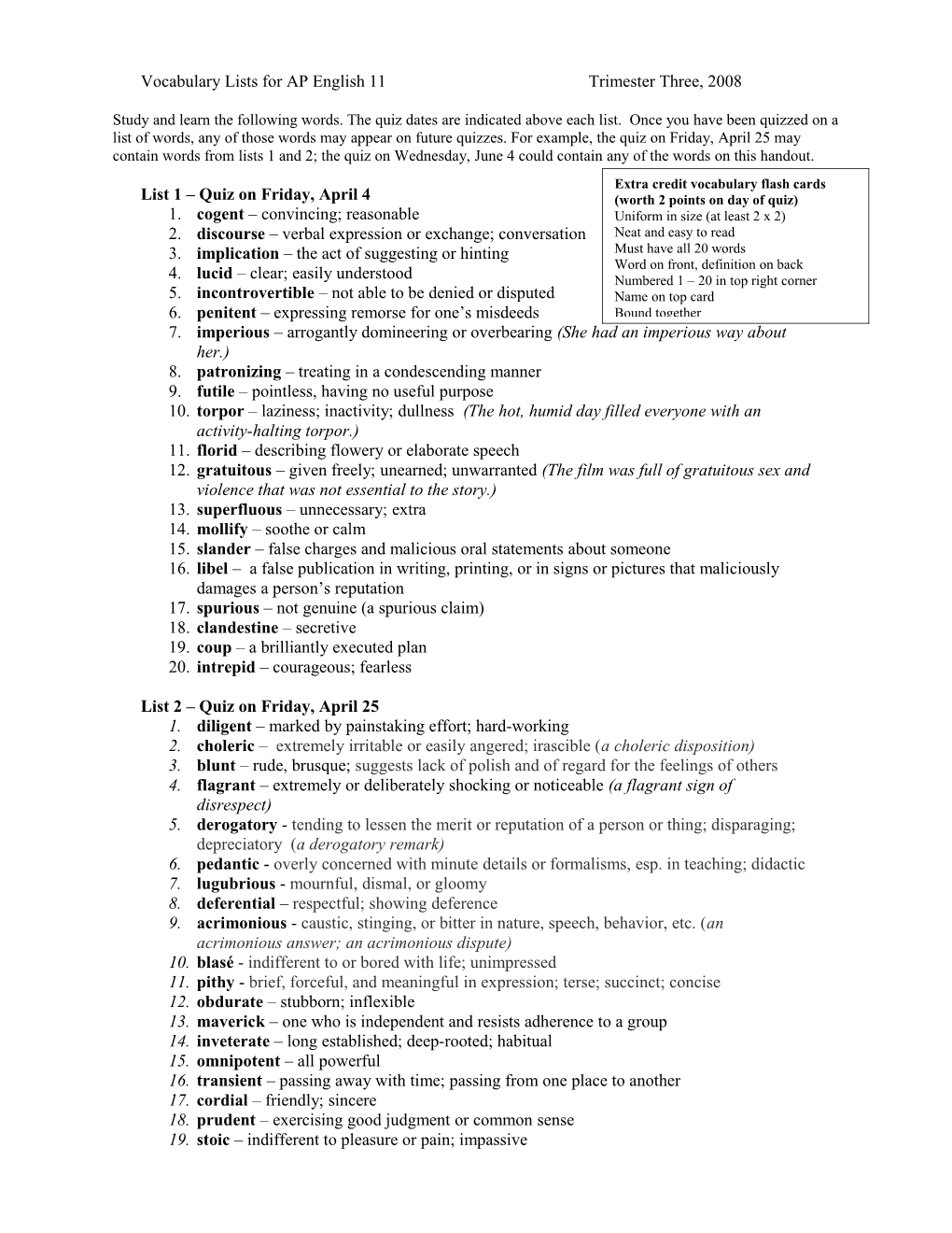 Vocabulary Lists for AP English 11