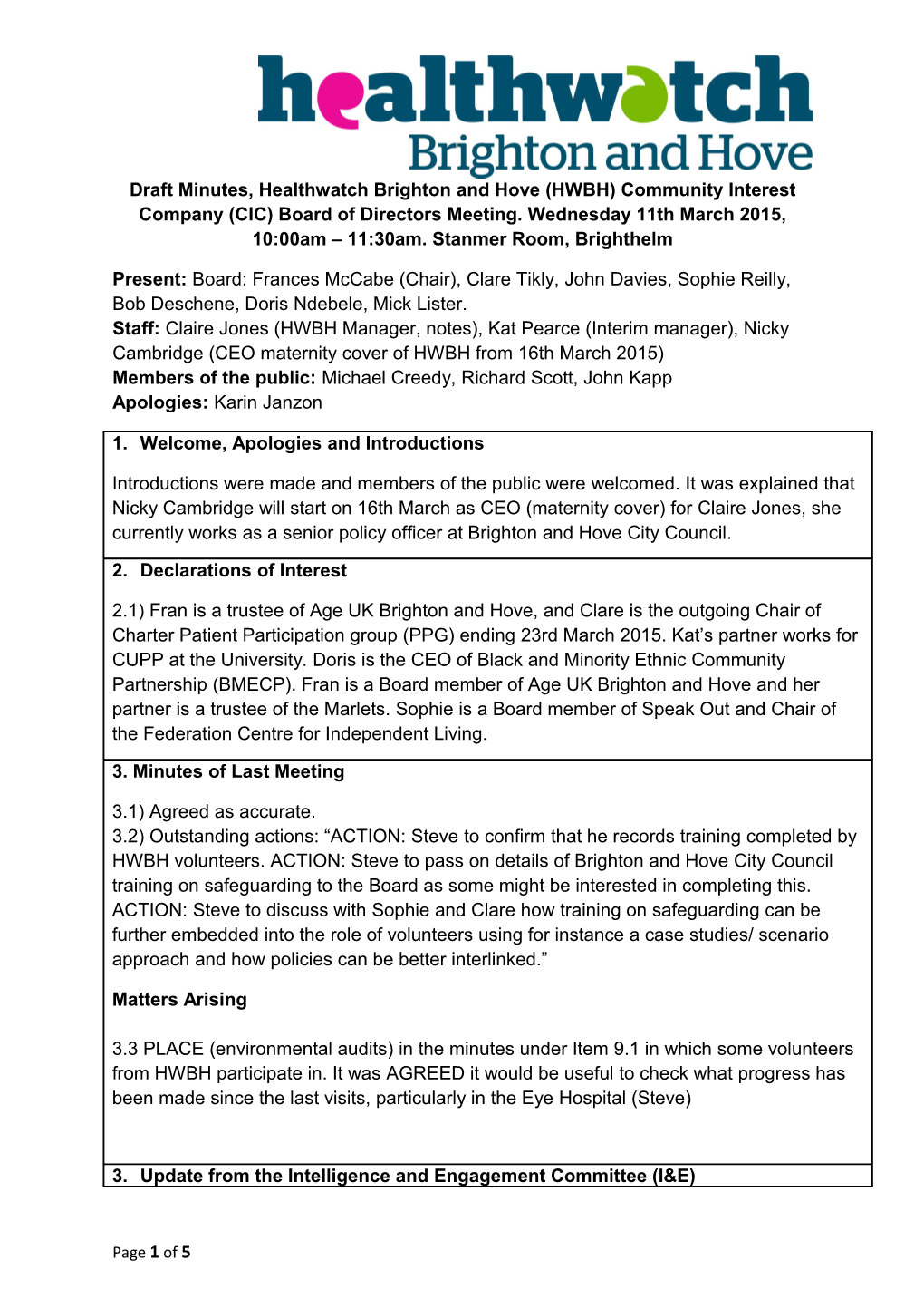 Draftminutes, Healthwatch Brighton and Hove (HWBH) Community Interest Company (CIC) Board