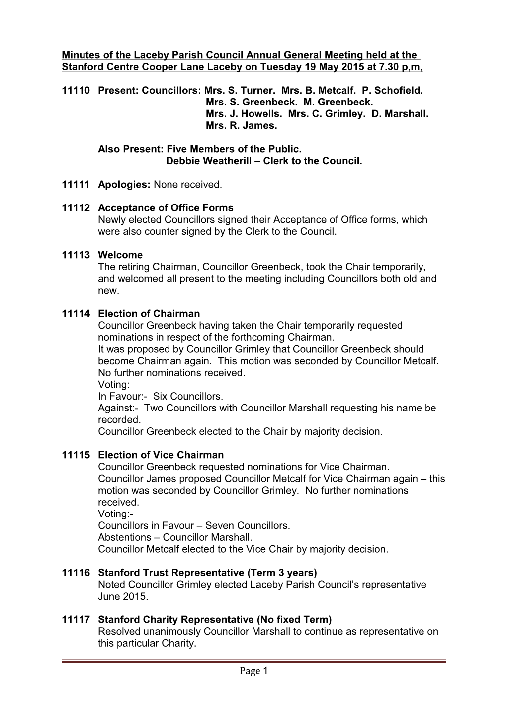 11110 Present: Councillors: Mrs. S. Turner. Mrs. B. Metcalf. P. Schofield