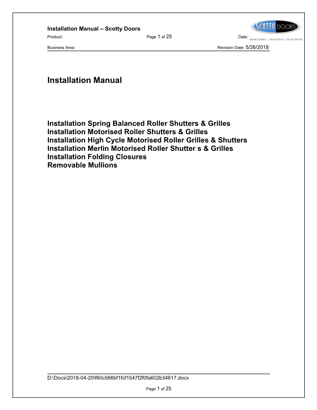 Product Manual: Folding Closure Mangawhai