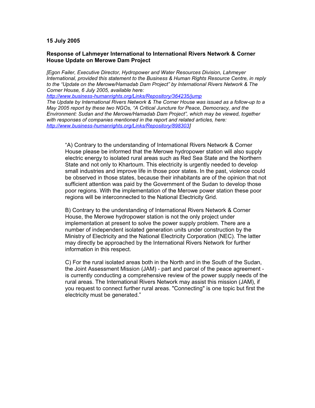 Response of Lahmeyer International to International Rivers Network & Corner House Update