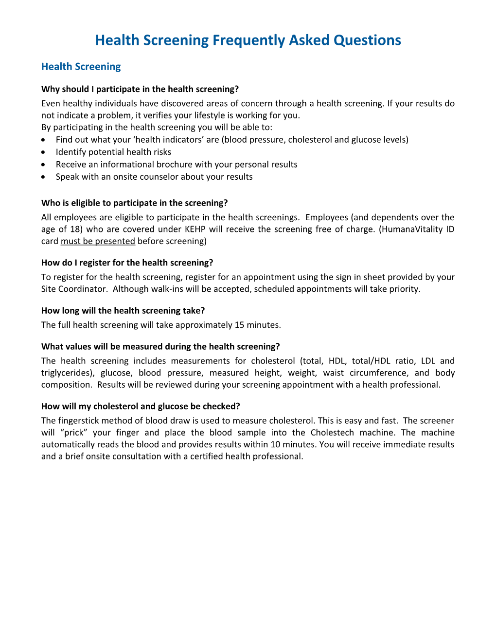 Health Screening Frequently Asked Questions