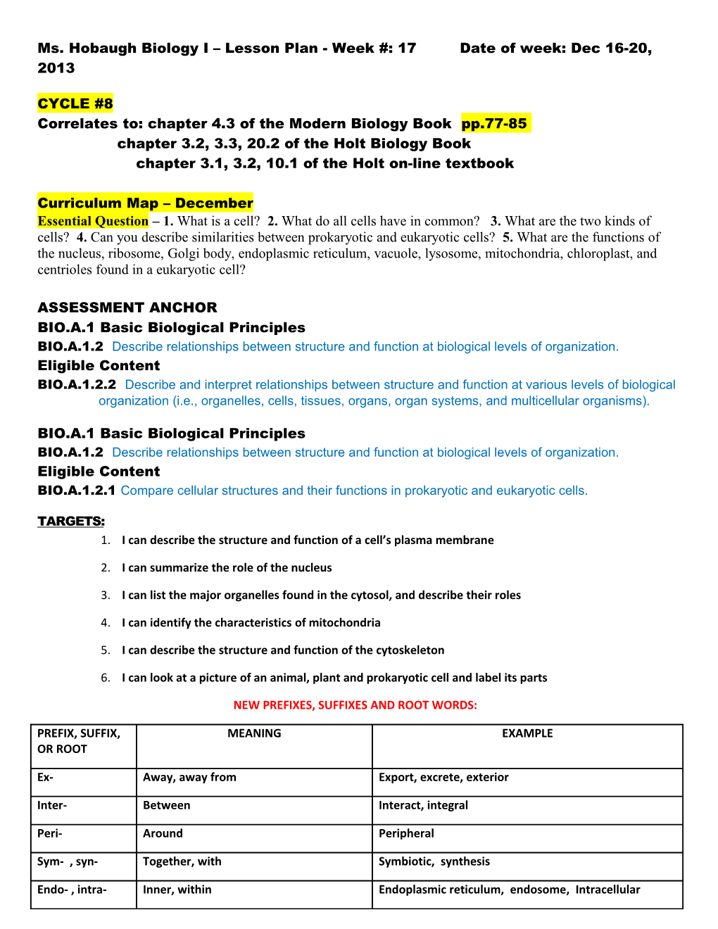 Ms. Hobaugh Biology I Lesson Plan - Week #: 17 Date of Week: Dec 16-20, 2013