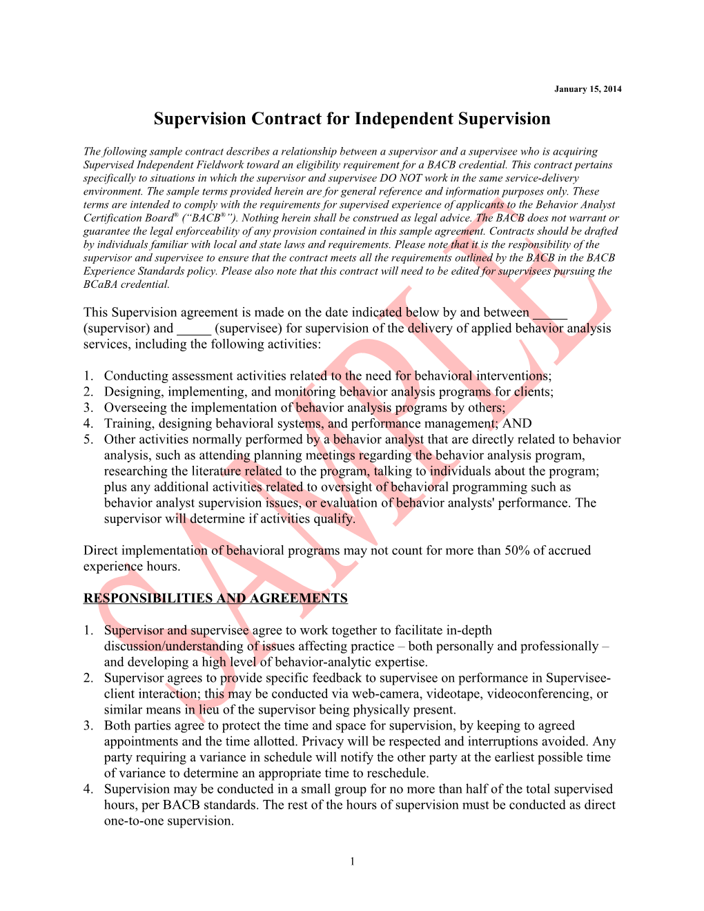 Supervision Contract for Independent Supervision
