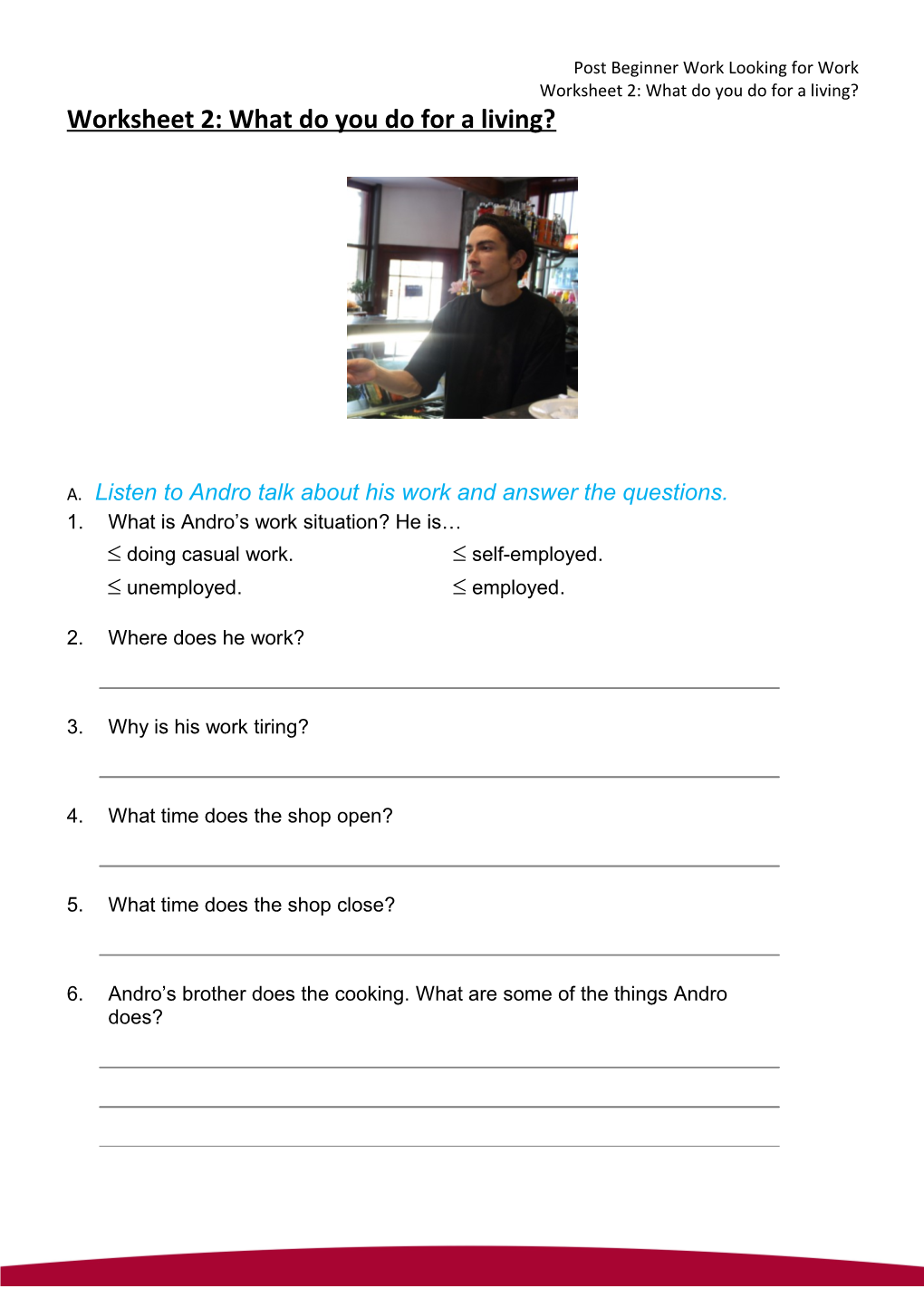 Post Beginner Work Looking for Work Worksheet 2: What Do You Do for a Living?