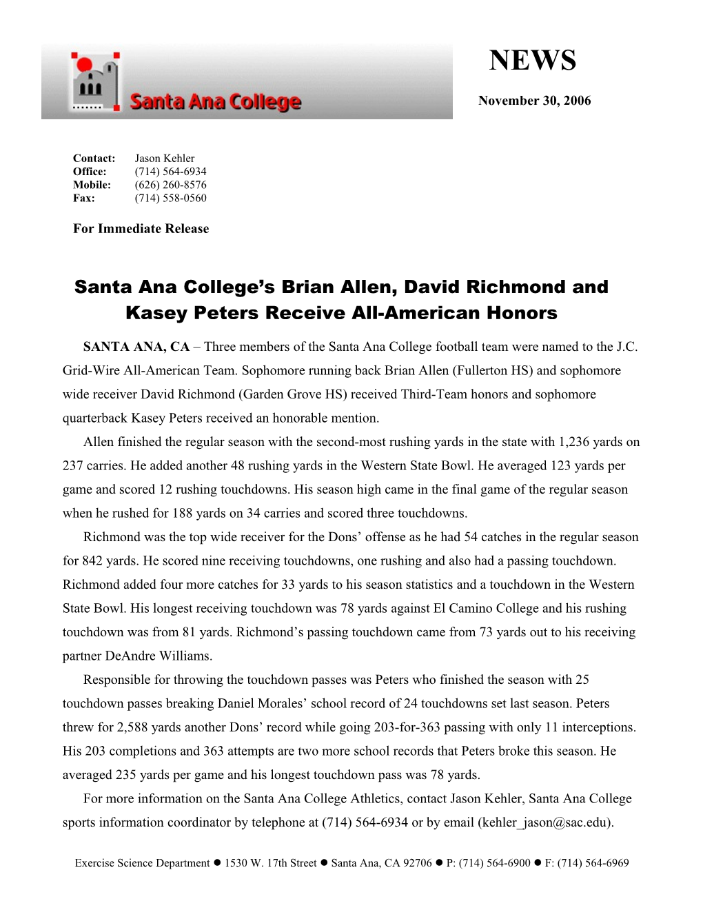 Santa Ana College S Brian Allen, David Richmond and Kasey Peters Receive All-American Honors
