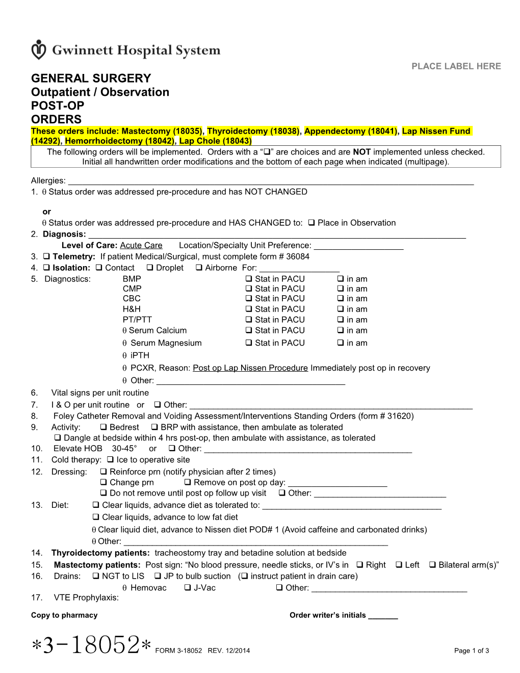 Outpatient Surgery Post-Op Orders