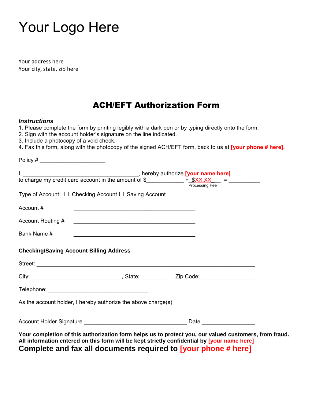 ACH/EFT Authorization Form