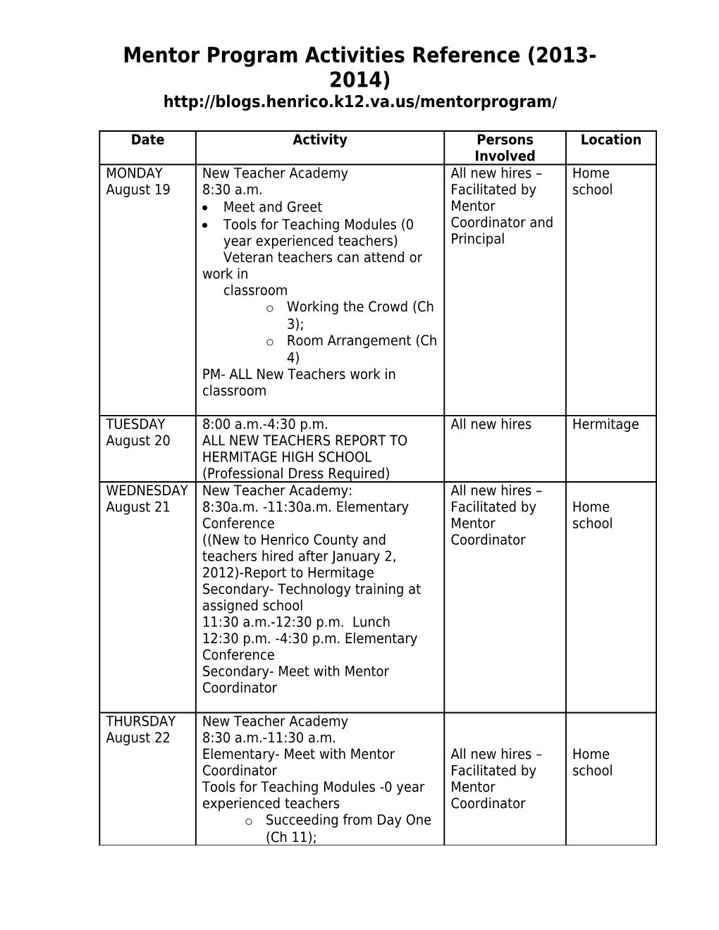 Mentor Program Activities Reference (2013-2014)