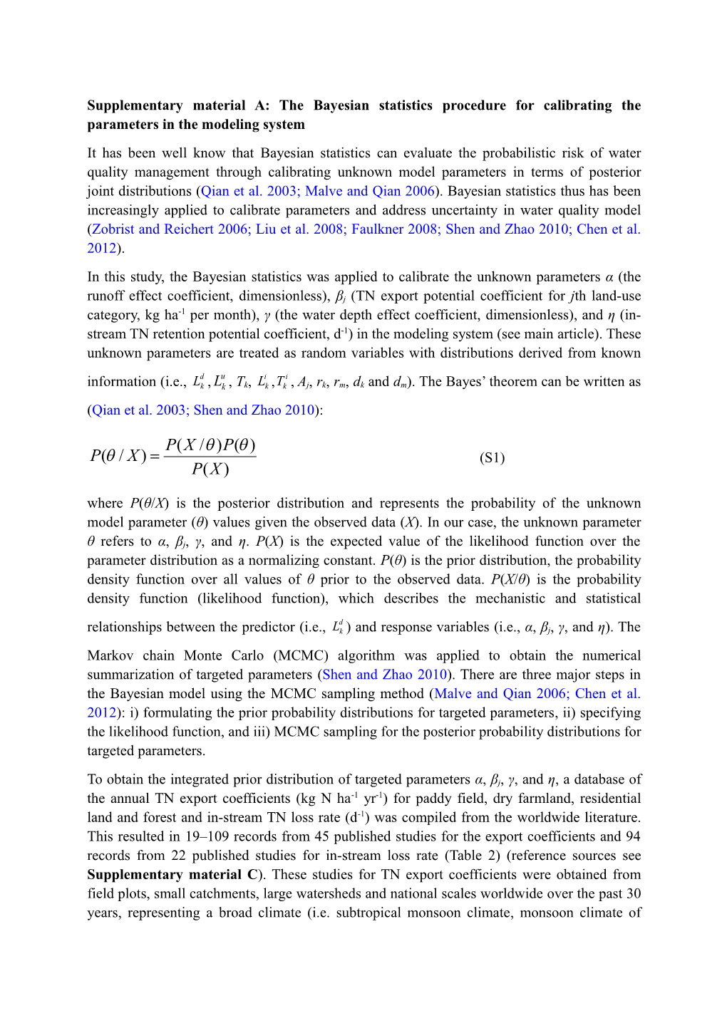 Supplementary Material A: the Bayesian Statistics Procedure for Calibrating the Parameters