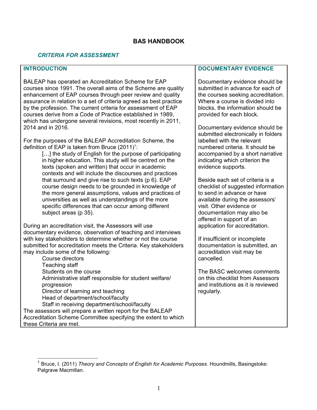 Criteria for Assessment