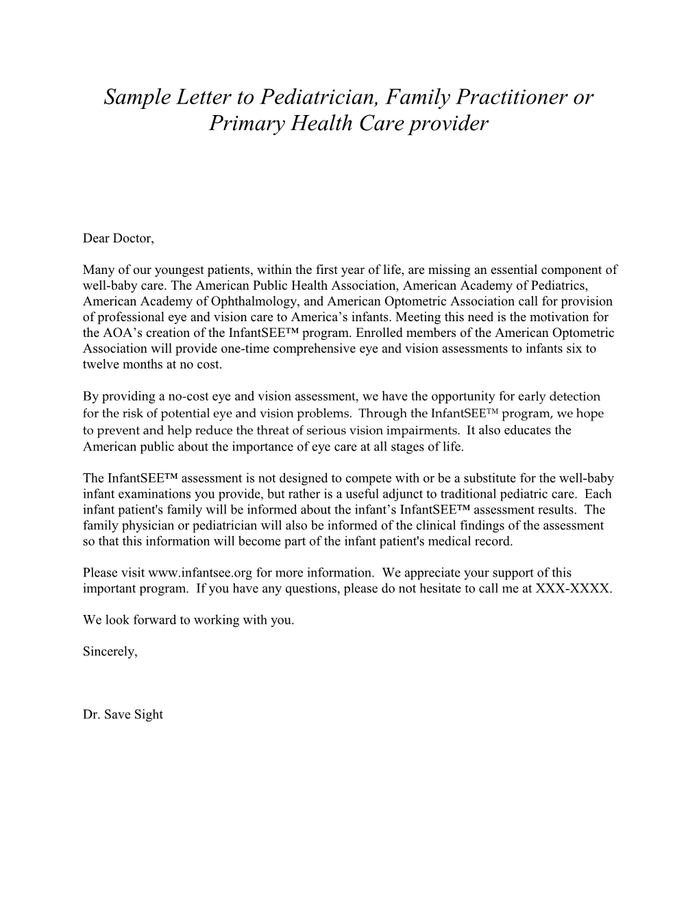 Sample Letter to Pediatrician, Family Practitioner Or Primary Health Care Provider