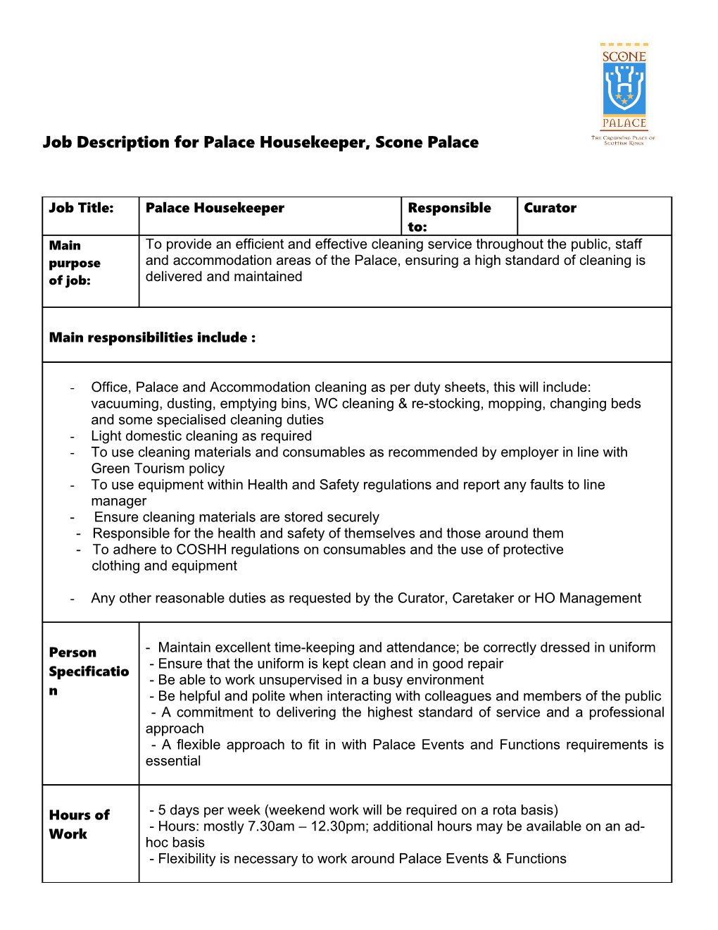 Job Description for Palace Housekeeper, Scone Palace