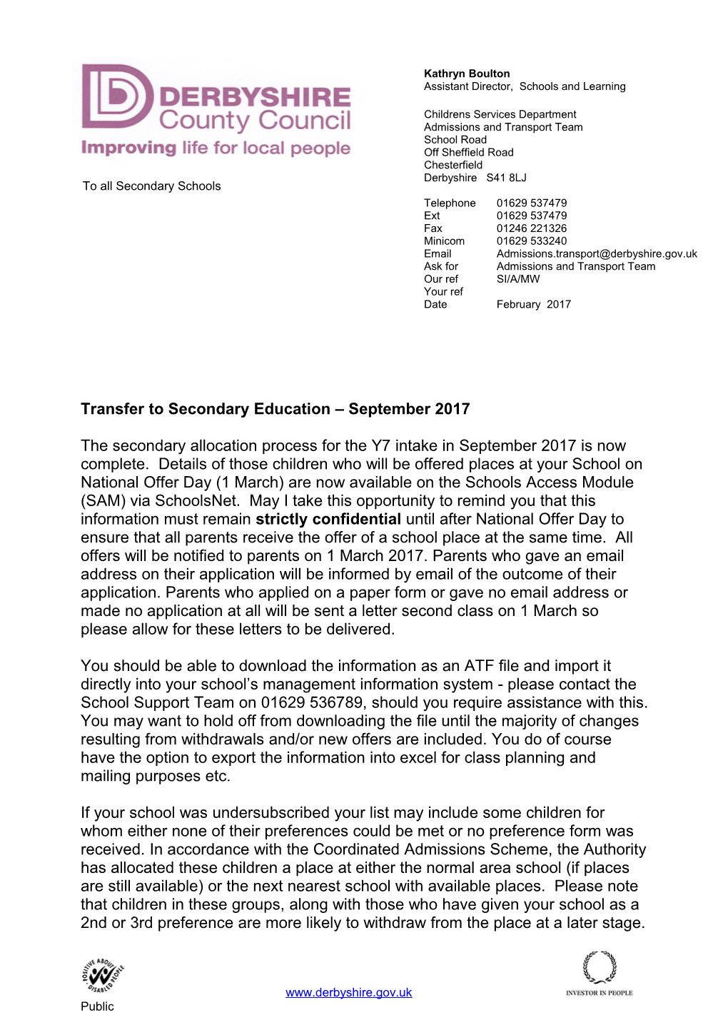 Letter Releasing Allocations to Schools - Secondary Schools - February 2017
