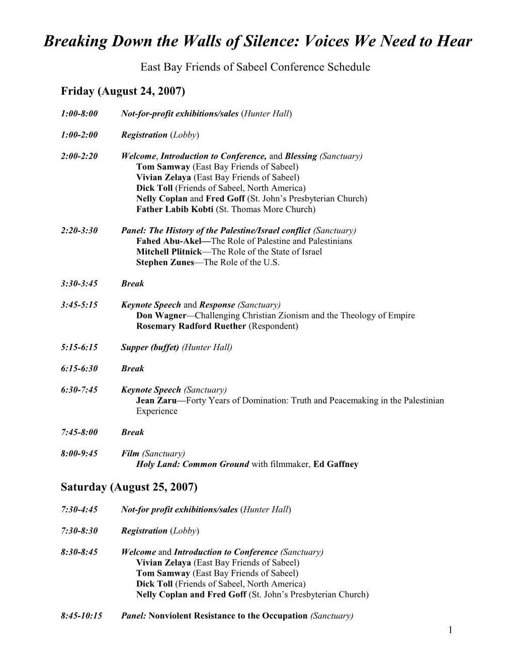 East Bay Friends of Sabeel Conference Schedule