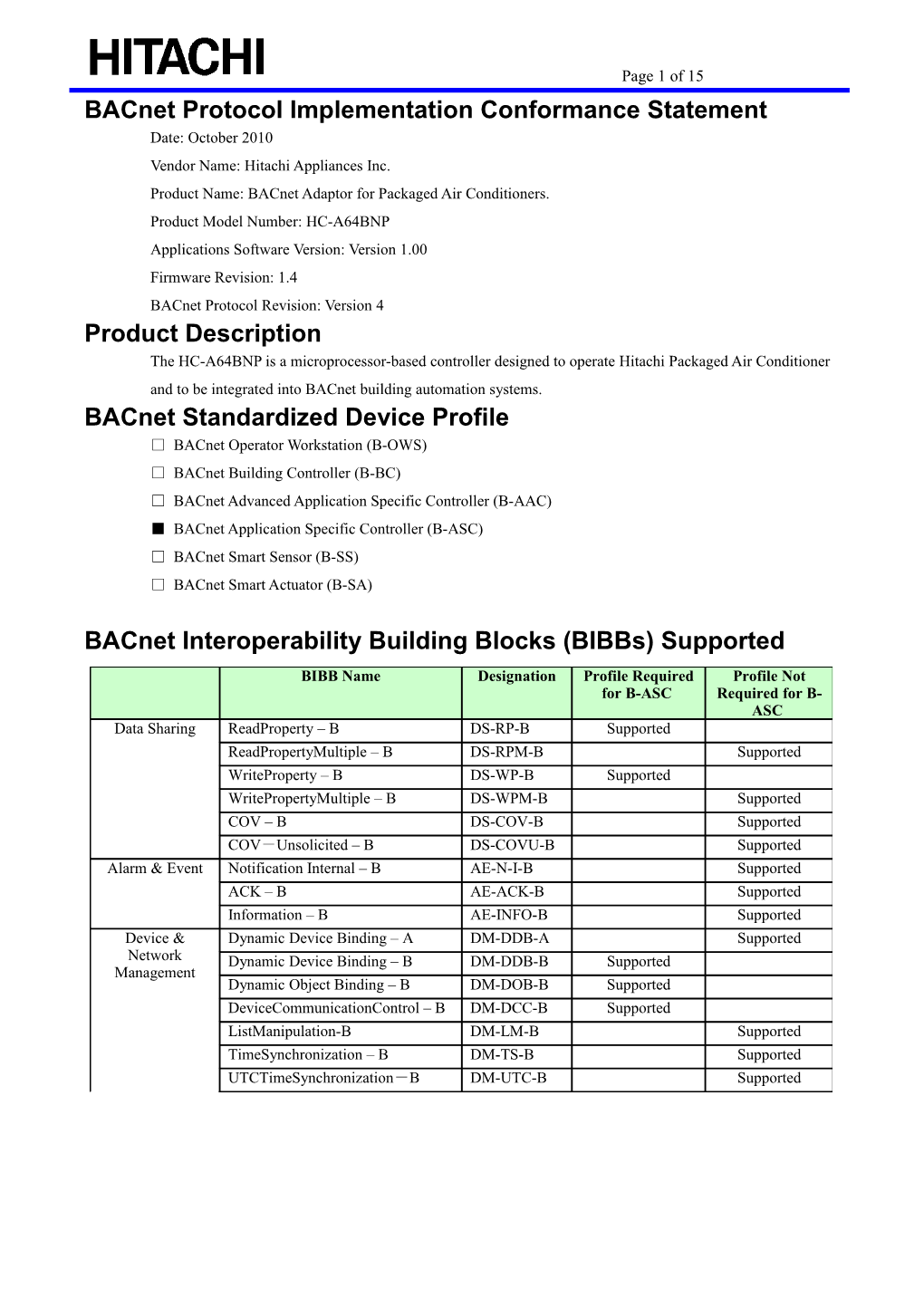 Bacnet Protocol Implementation Conformance Statement s2