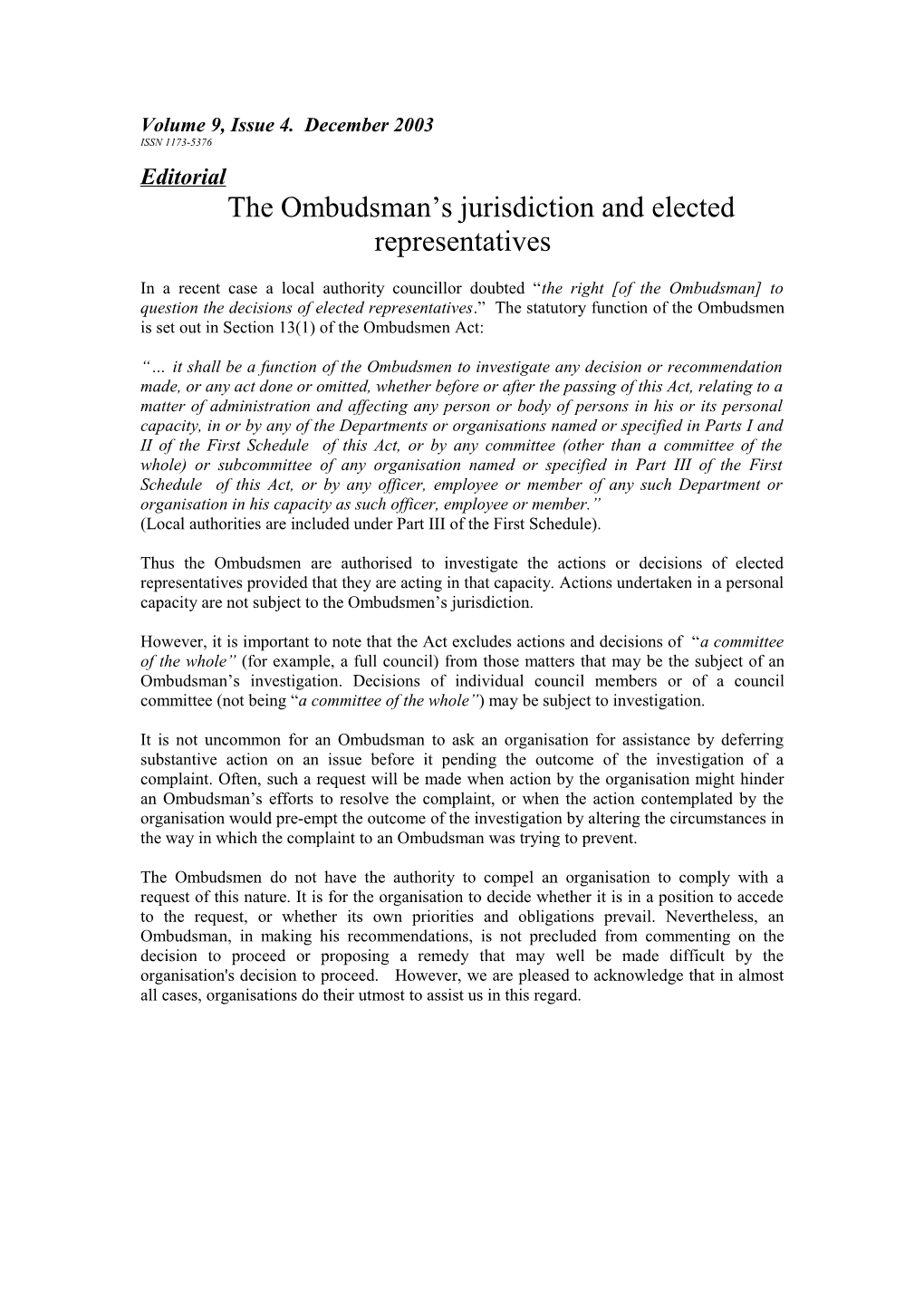 The Ombudsman S Jurisdiction and Elected Representatives