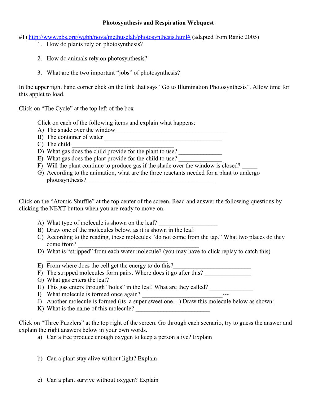 Photosynthesis and Respiration Webquest