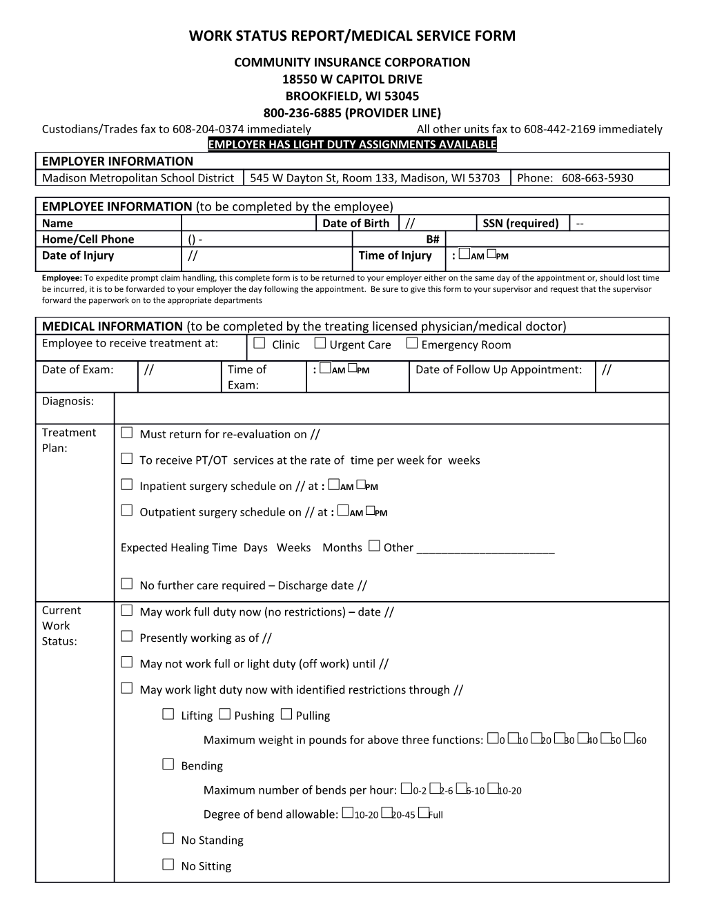 Work Status Report/Medical Service Form