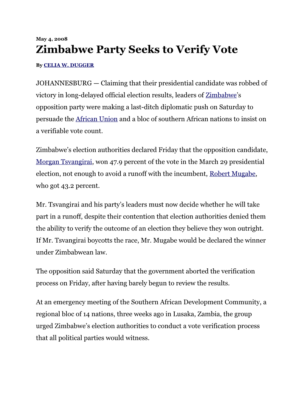 Zimbabwe Party Seeks to Verify Vote
