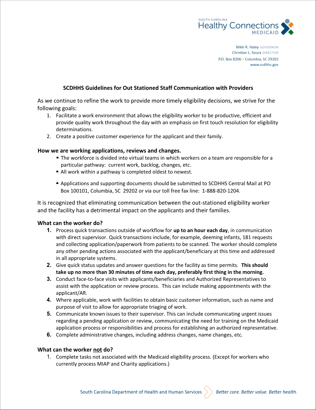 SCDHHS Guidelines for out Stationed Staff Communication with Providers