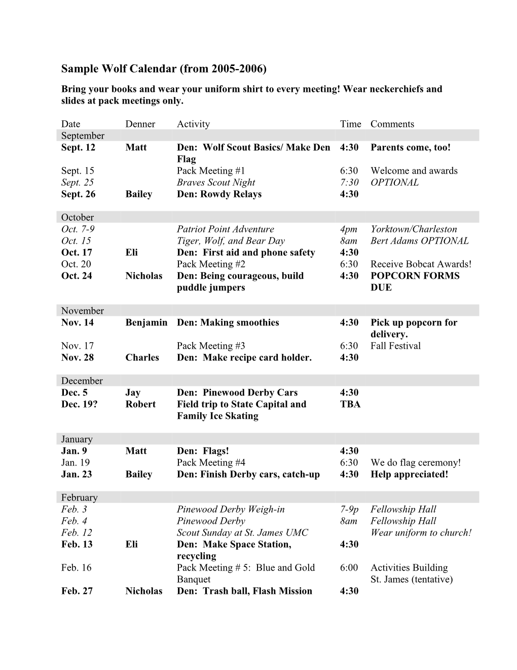 Pack 370 Schedule for 2004-2005