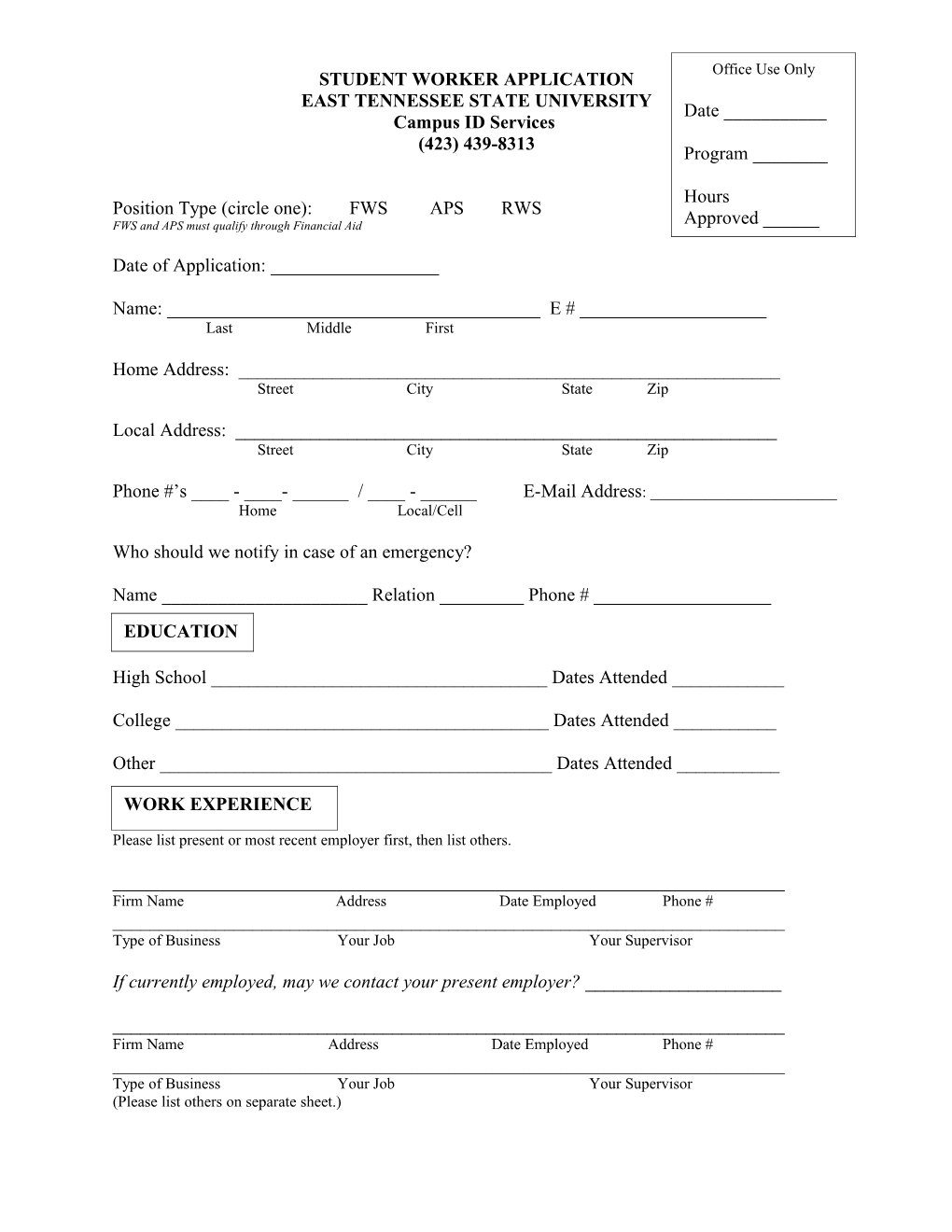 Student Workers Application