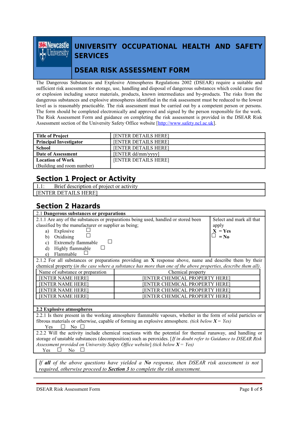 DSEAR Risk Assessment Formpage 1 of 5