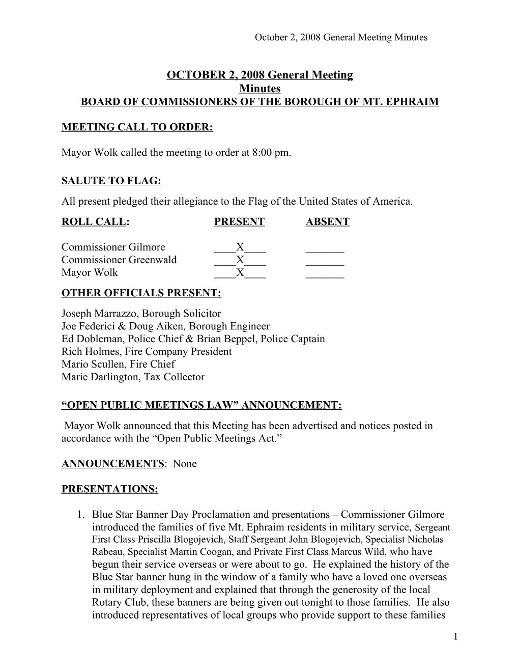Agenda for the June 5, 2008 General Meeting of the Honorable Board of Commissioners Of