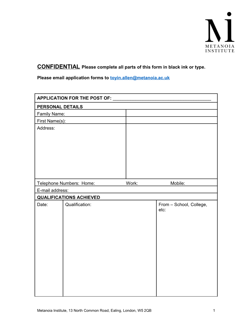 CONFIDENTIAL Please Complete All Parts of This Form in Black Ink Or Type