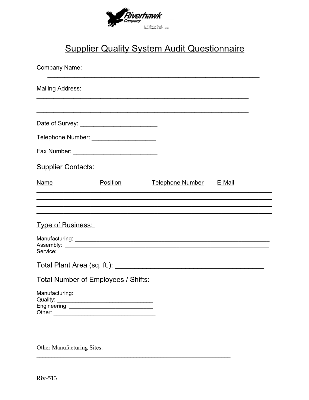Supplier Quality System Audit Questionnaire