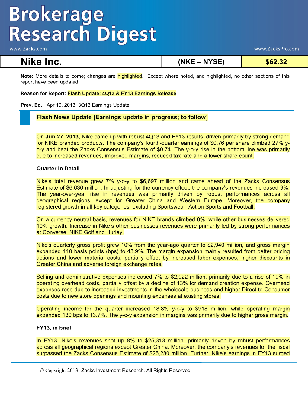Reason for Report: Flash Update: 4Q13 & FY13 Earnings Release