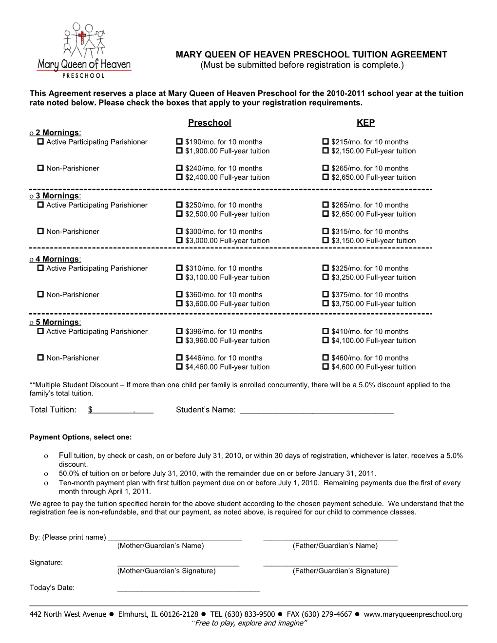 Mary Queen of Heaven Preschool Tuition Agreement