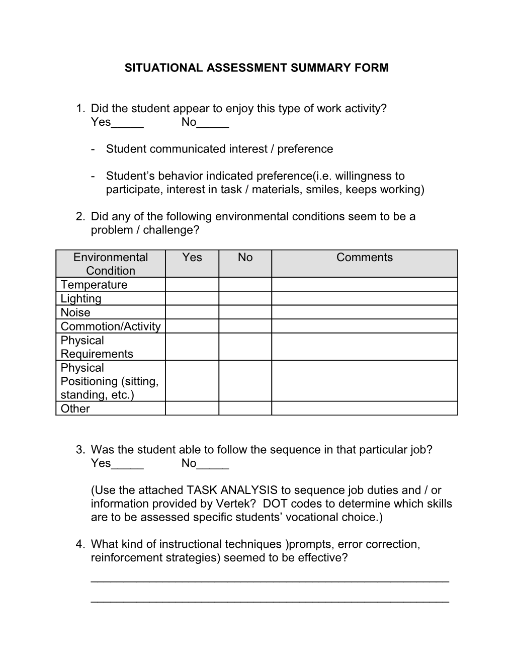Situational Assessment Summary Form