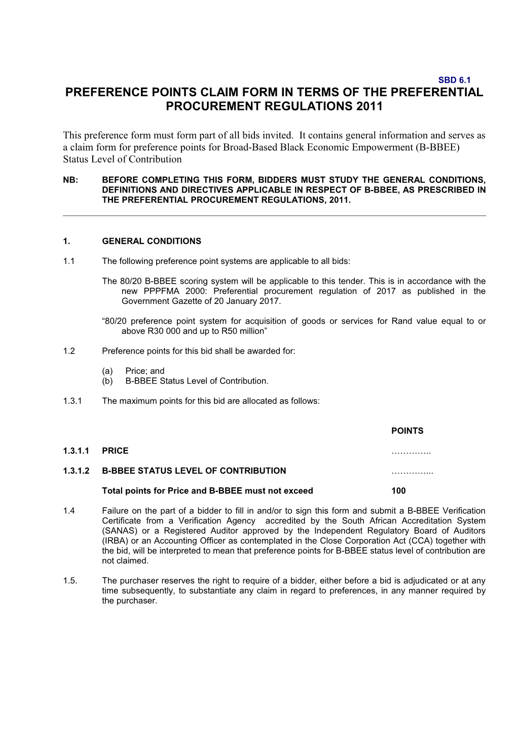 Preference Points Claim Form in Terms of the Preferential Procurement Regulations 2011