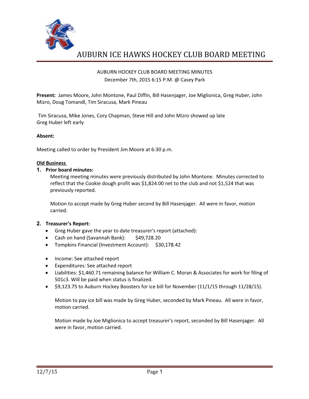 Auburn Ice Hawks Hockey Club Board Meeting