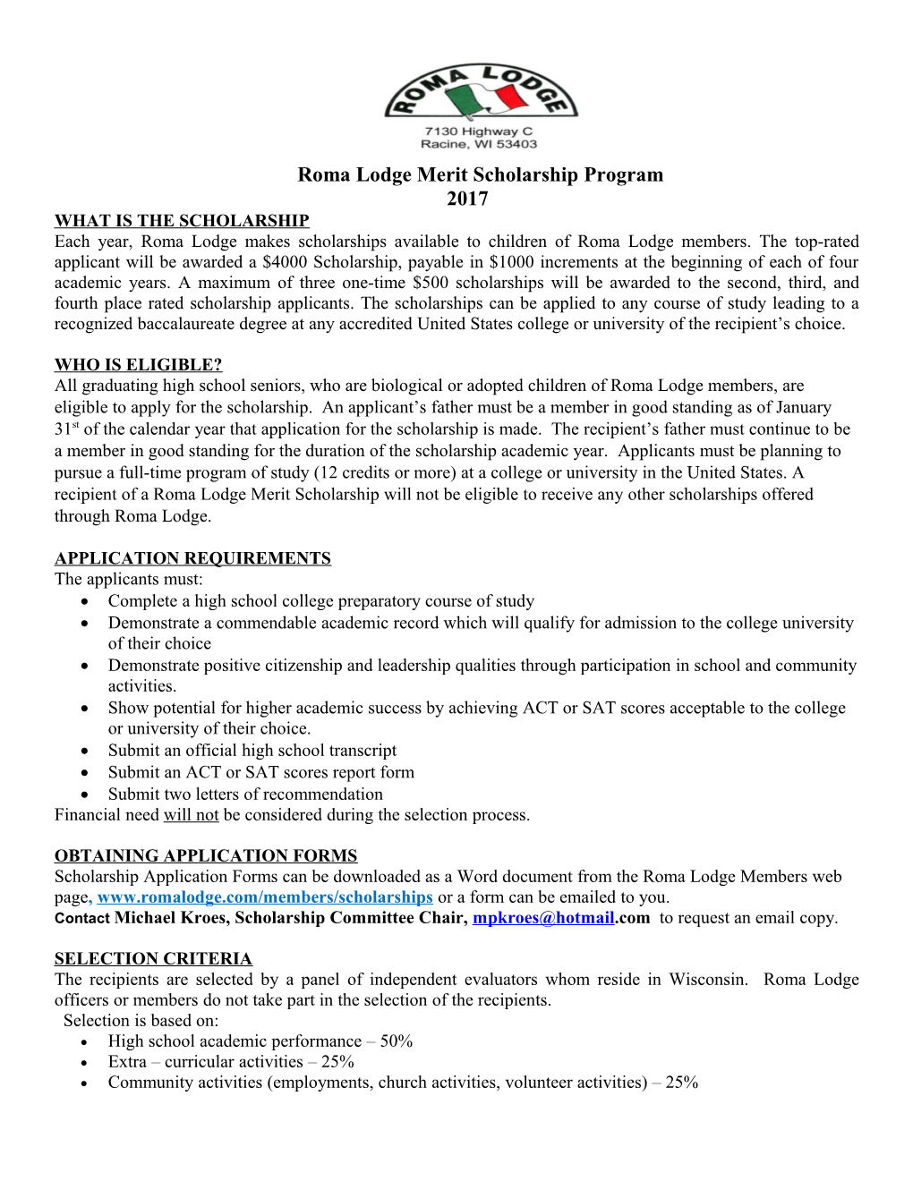 Roma Lodge Merit Scholarship Program