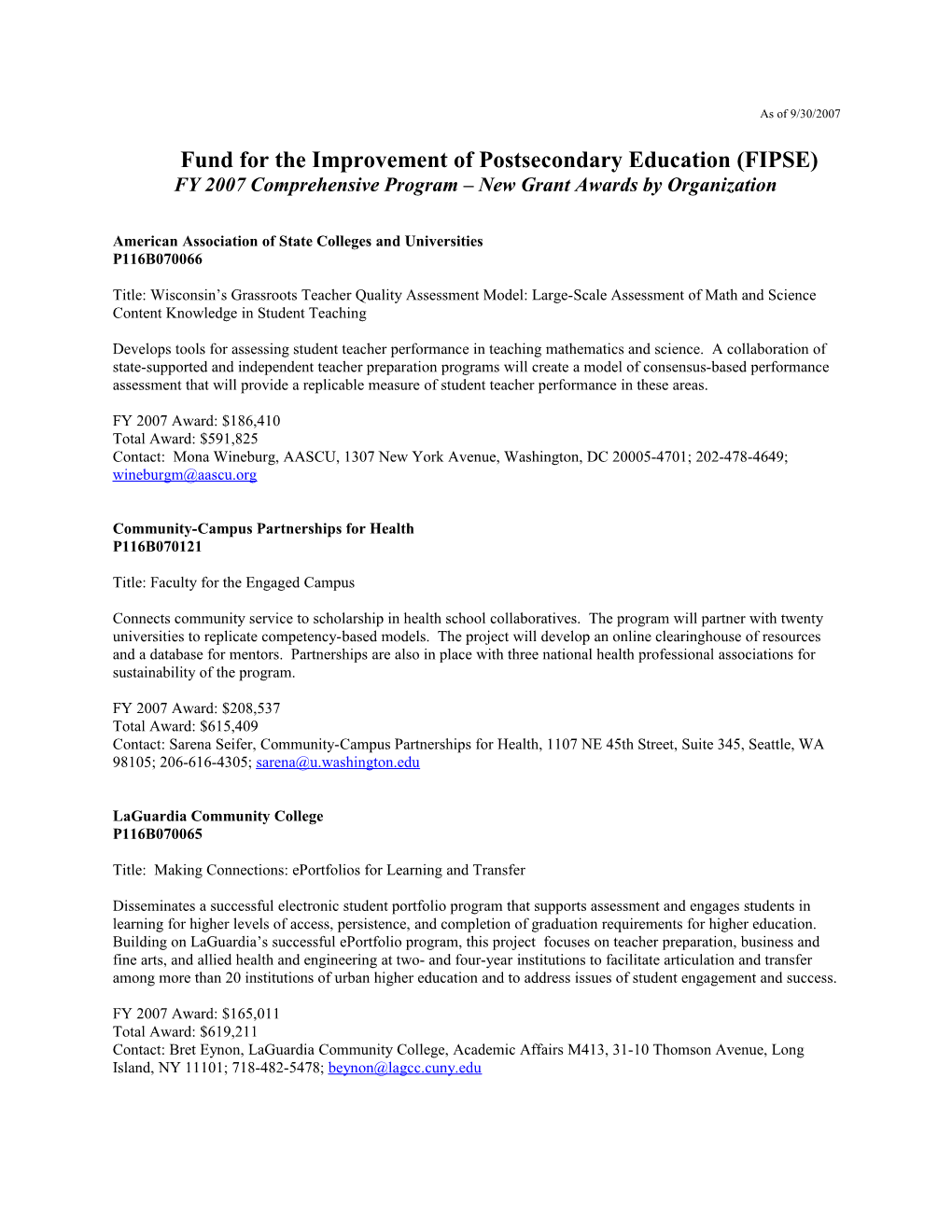 FY 2007 Abstracts for the FIPSE Comprehensive Program (MS Word)
