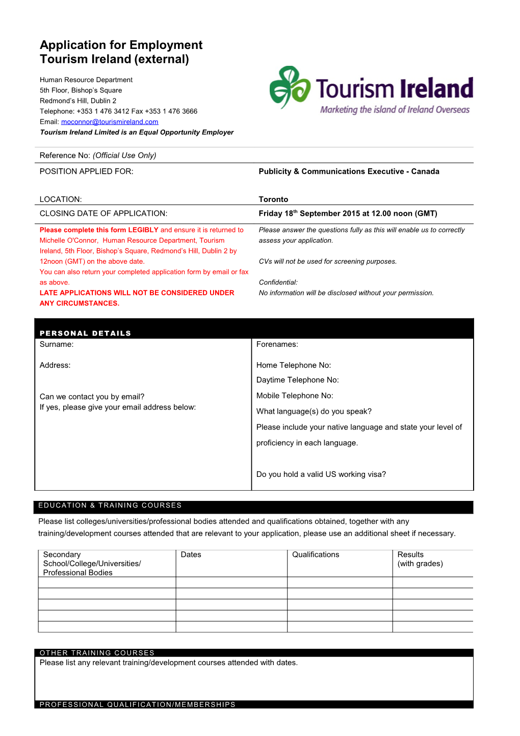 Publicity And Communications Executive Canada Application Form