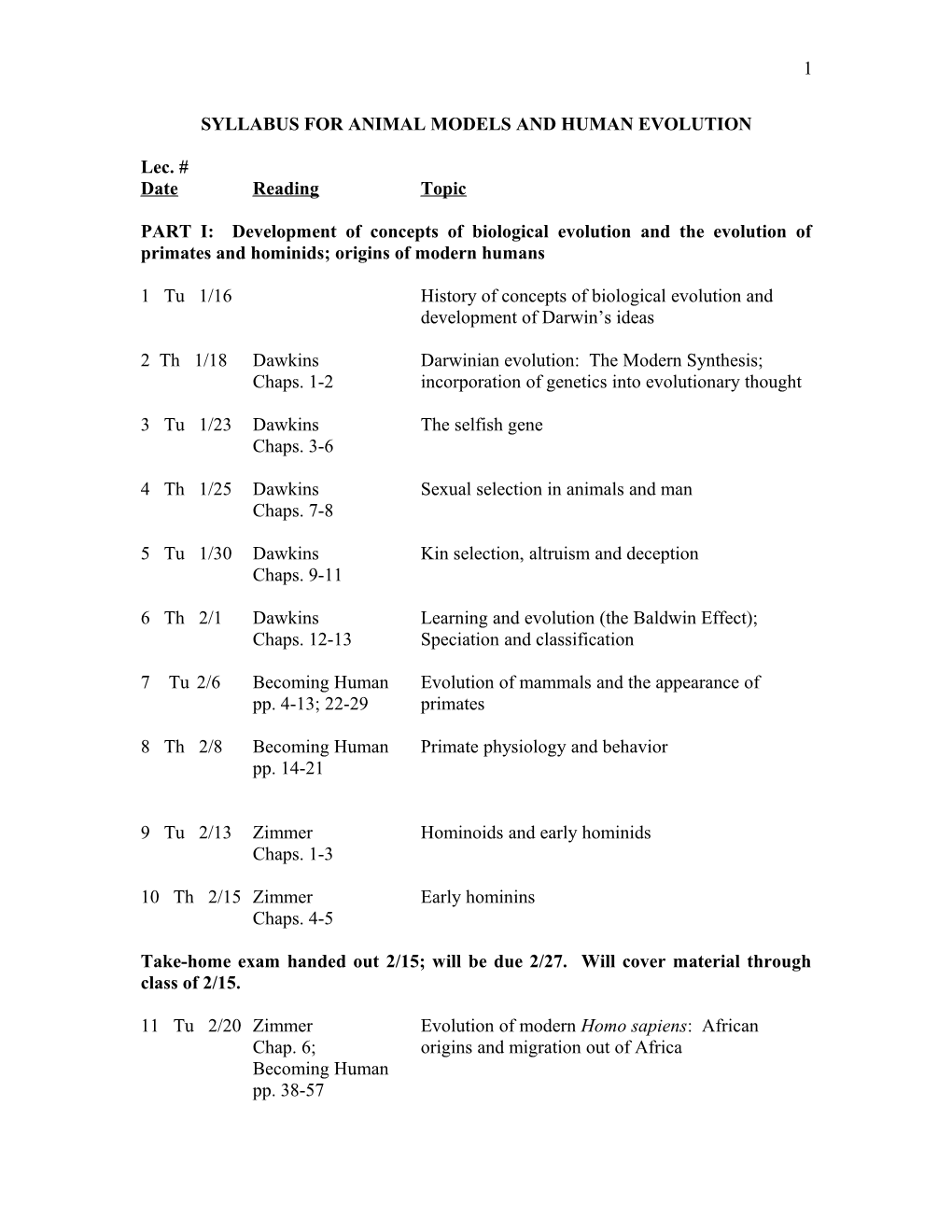 Syllabus for Animal Models and Human Evolution