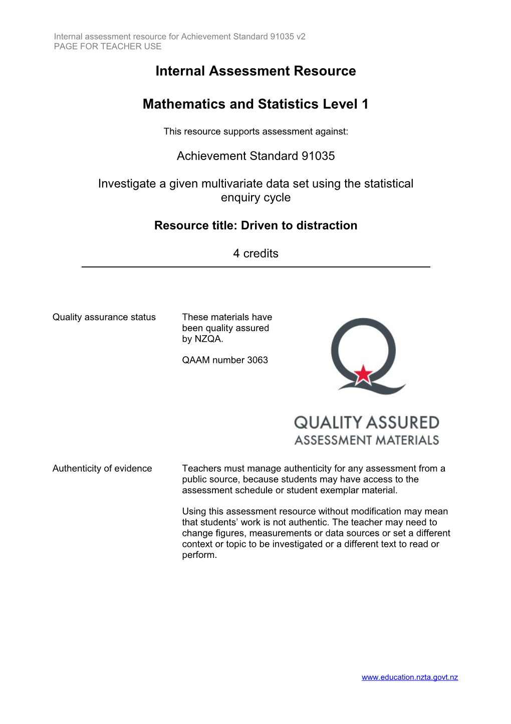 Internal Assessment Resource for Achievement Standard 91035 V2