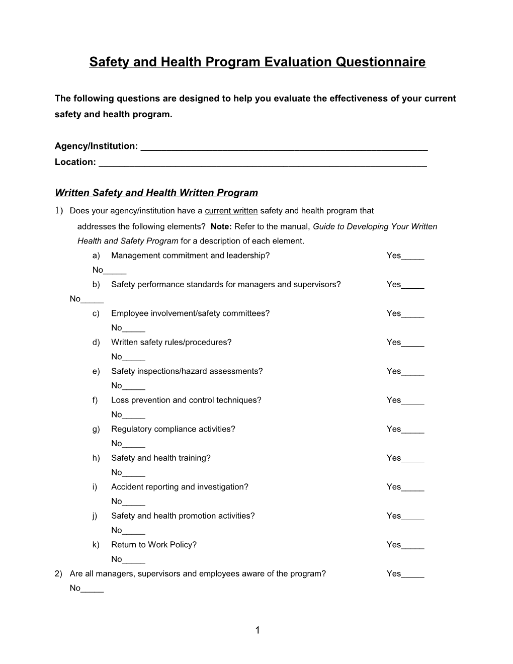 Safety and Health Program Evaluation Questionnaire