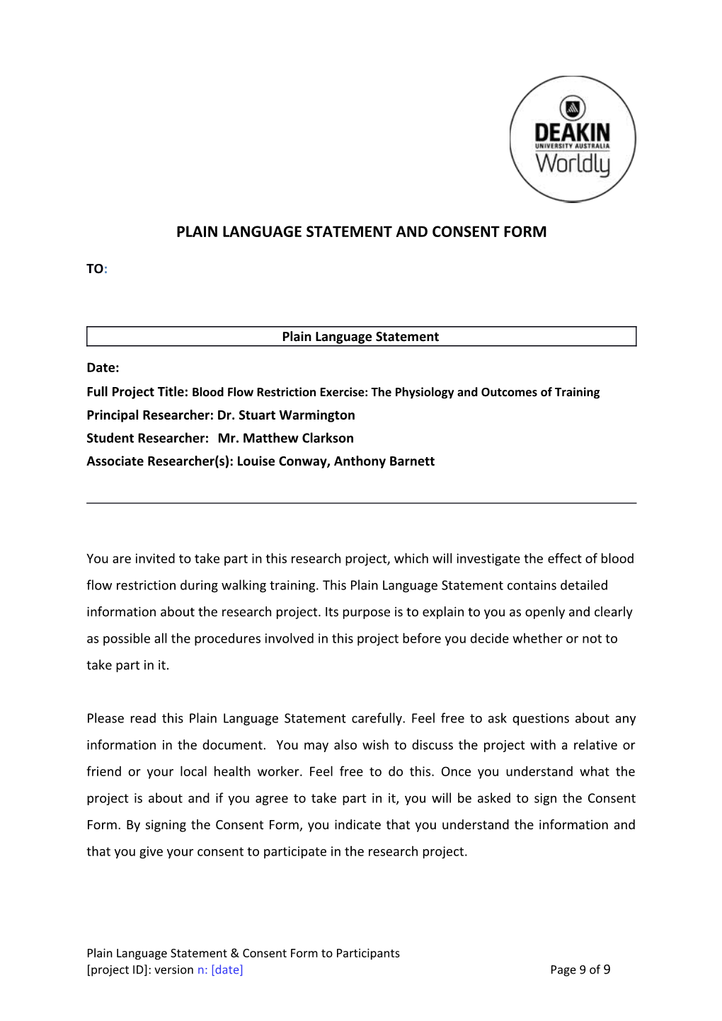 Plain Language Statement and Consent Form