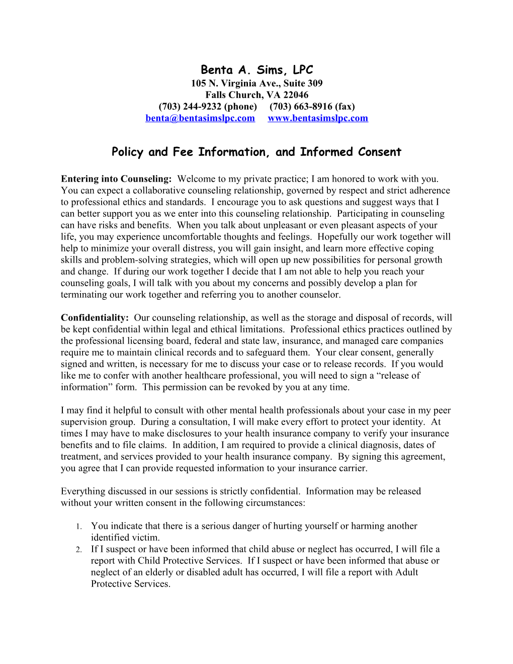 Policy and Fee Information, and Informed Consent